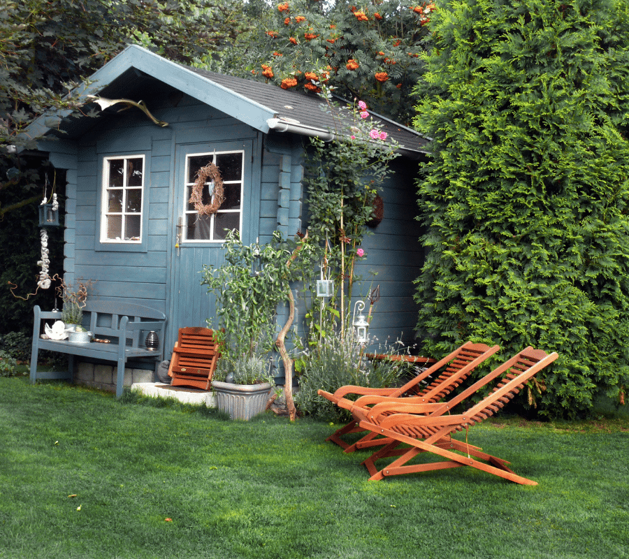 pale blue green shed